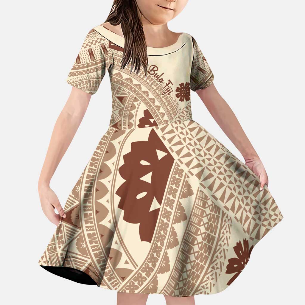 Bula Fiji Classic Masi Tapa Family Matching Puletasi and Hawaiian Shirt Vintage Beige LT7 Daughter's Dress Beige - Polynesian Pride