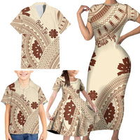 Bula Fiji Classic Masi Tapa Family Matching Short Sleeve Bodycon Dress and Hawaiian Shirt Vintage Beige LT7 - Polynesian Pride