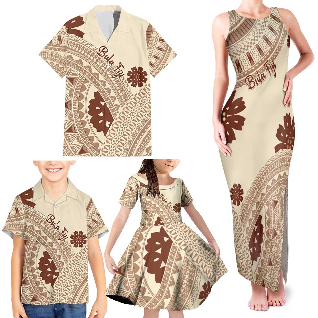 Bula Fiji Classic Masi Tapa Family Matching Tank Maxi Dress and Hawaiian Shirt Vintage Beige LT7 - Polynesian Pride