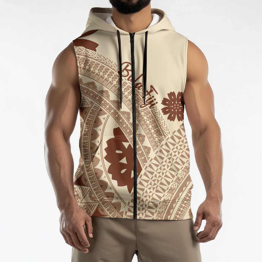 Bula Fiji Classic Masi Tapa Sleeveless Zip Hoodie Vintage Beige - Polynesian Pride