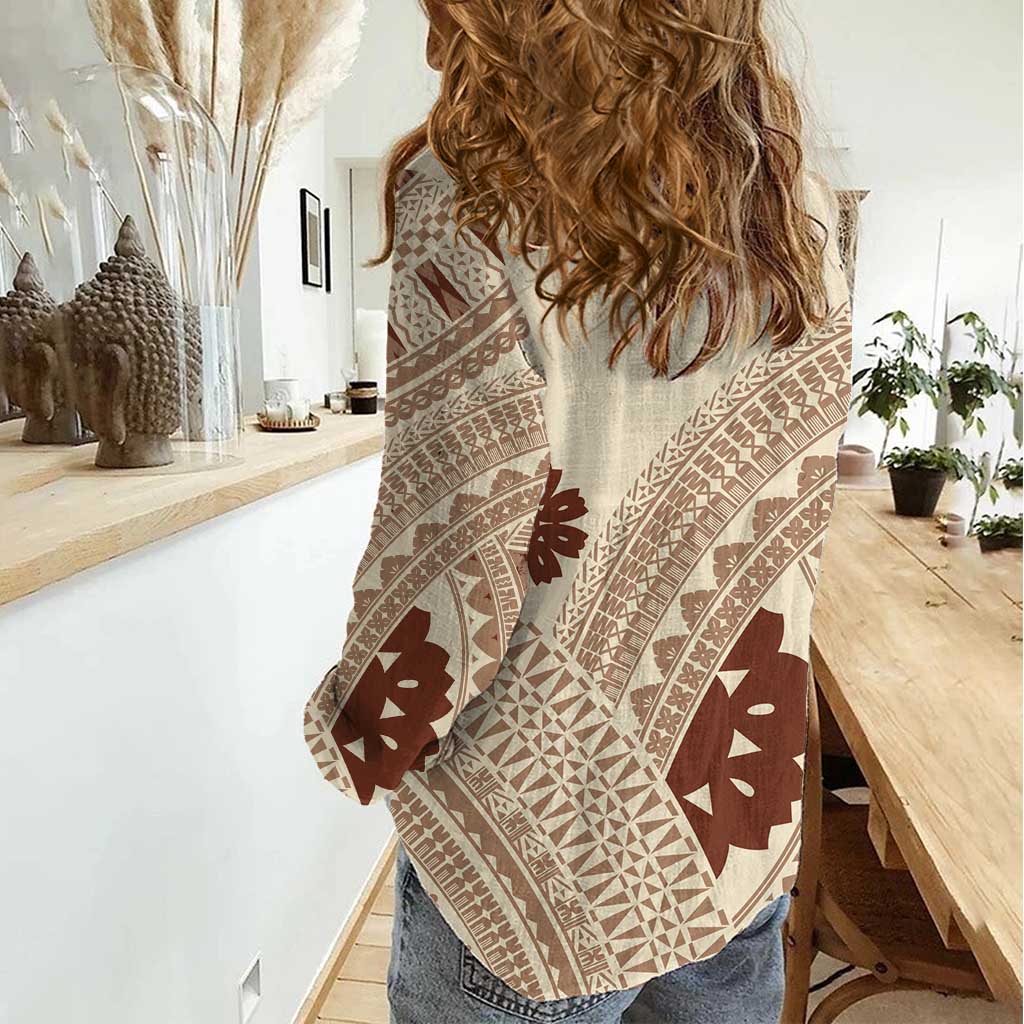 Bula Fiji Classic Masi Tapa Women Casual Shirt Vintage Beige LT7 - Polynesian Pride