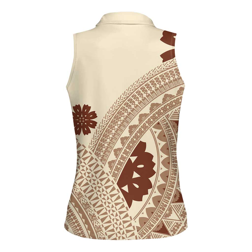 Bula Fiji Classic Masi Tapa Women Sleeveless Polo Shirt Vintage Beige LT7 - Polynesian Pride