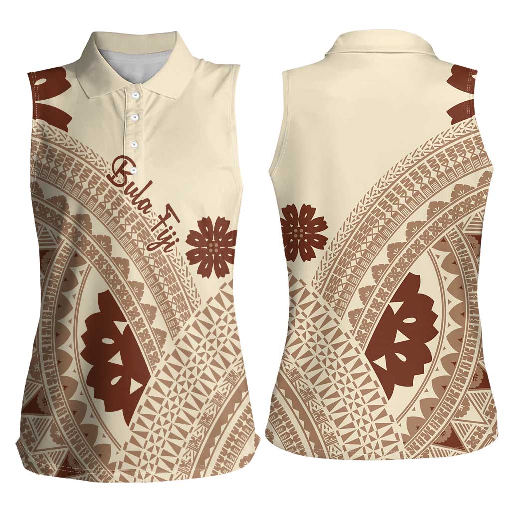 Bula Fiji Classic Masi Tapa Women Sleeveless Polo Shirt Vintage Beige LT7 - Polynesian Pride