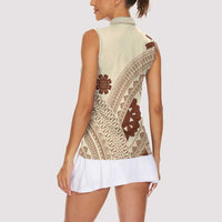 Bula Fiji Classic Masi Tapa Women Sleeveless Polo Shirt Vintage Beige LT7 - Polynesian Pride