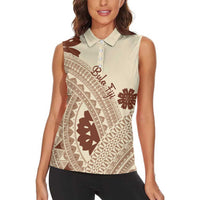 Bula Fiji Classic Masi Tapa Women Sleeveless Polo Shirt Vintage Beige LT7 - Polynesian Pride