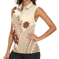 Bula Fiji Classic Masi Tapa Women Sleeveless Polo Shirt Vintage Beige LT7 - Polynesian Pride
