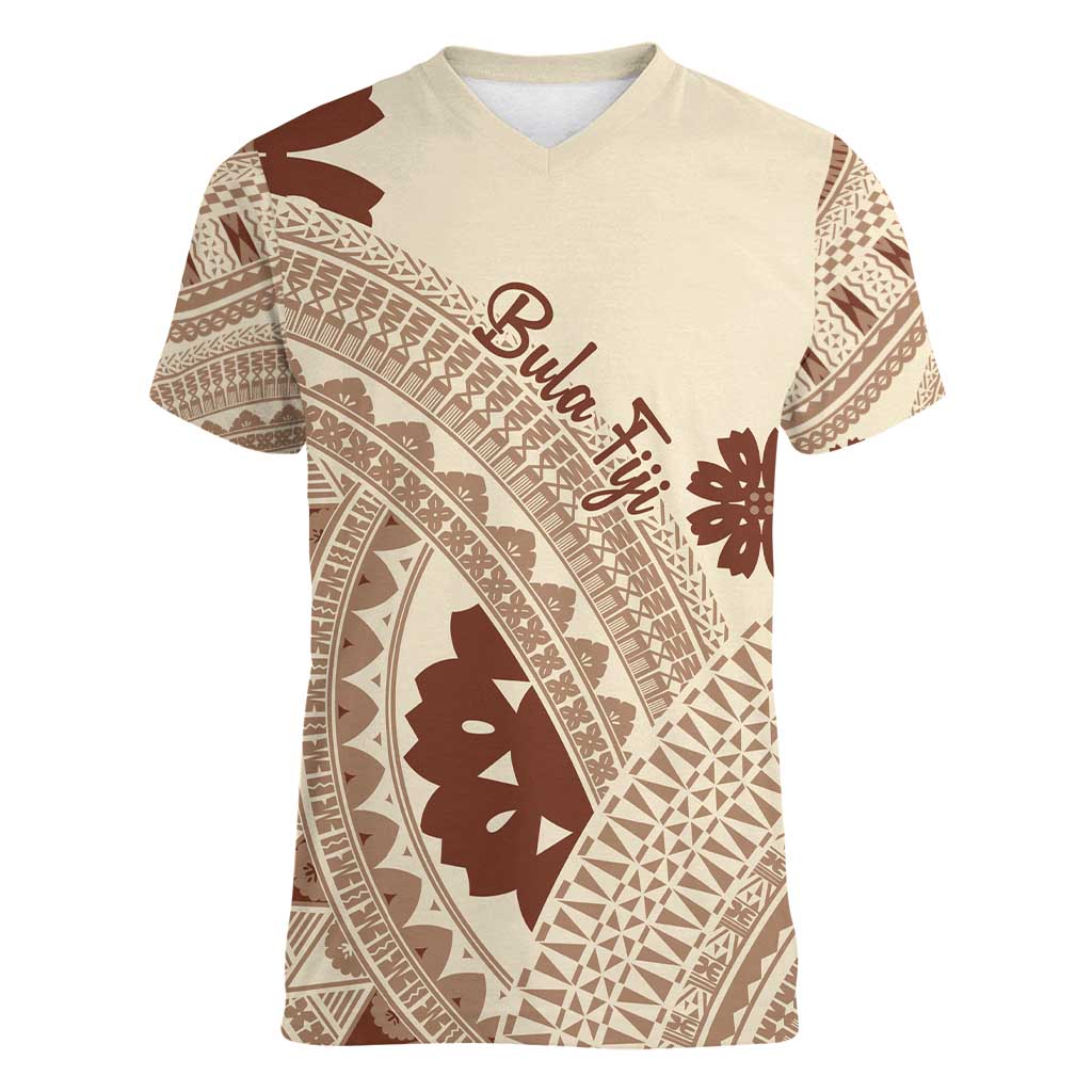 Bula Fiji Classic Masi Tapa Women V-Neck T-Shirt Vintage Beige LT7 Female Beige - Polynesian Pride