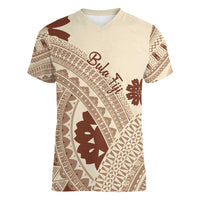 Bula Fiji Classic Masi Tapa Women V-Neck T-Shirt Vintage Beige LT7 Female Beige - Polynesian Pride