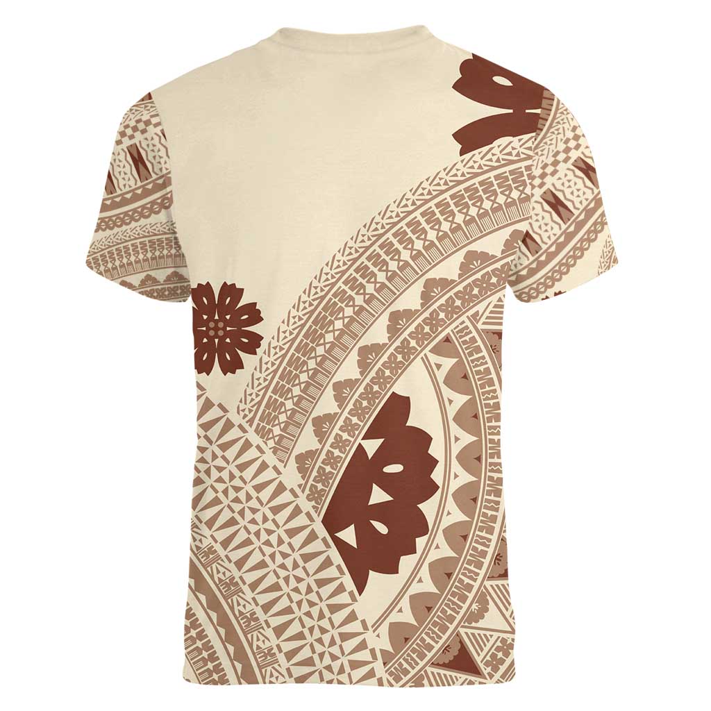 Bula Fiji Classic Masi Tapa Women V-Neck T-Shirt Vintage Beige LT7 - Polynesian Pride