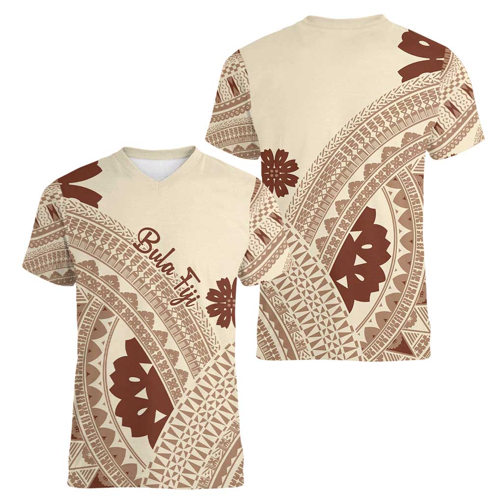 Bula Fiji Classic Masi Tapa Women V-Neck T-Shirt Vintage Beige LT7 - Polynesian Pride