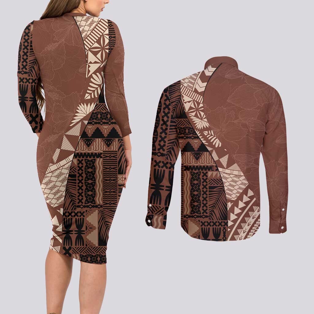 Bula Fiji Couples Matching Long Sleeve Bodycon Dress and Long Sleeve Button Shirt Tribal Masi Tapa - Brown LT7 - Polynesian Pride