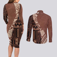 Bula Fiji Couples Matching Long Sleeve Bodycon Dress and Long Sleeve Button Shirt Tribal Masi Tapa - Brown LT7 - Polynesian Pride