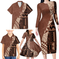 Bula Fiji Family Matching Long Sleeve Bodycon Dress and Hawaiian Shirt Tribal Masi Tapa - Brown LT7 - Polynesian Pride