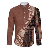 Bula Fiji Family Matching Mermaid Dress and Hawaiian Shirt Tribal Masi Tapa - Brown LT7 Dad's Shirt - Long Sleeve Brown - Polynesian Pride