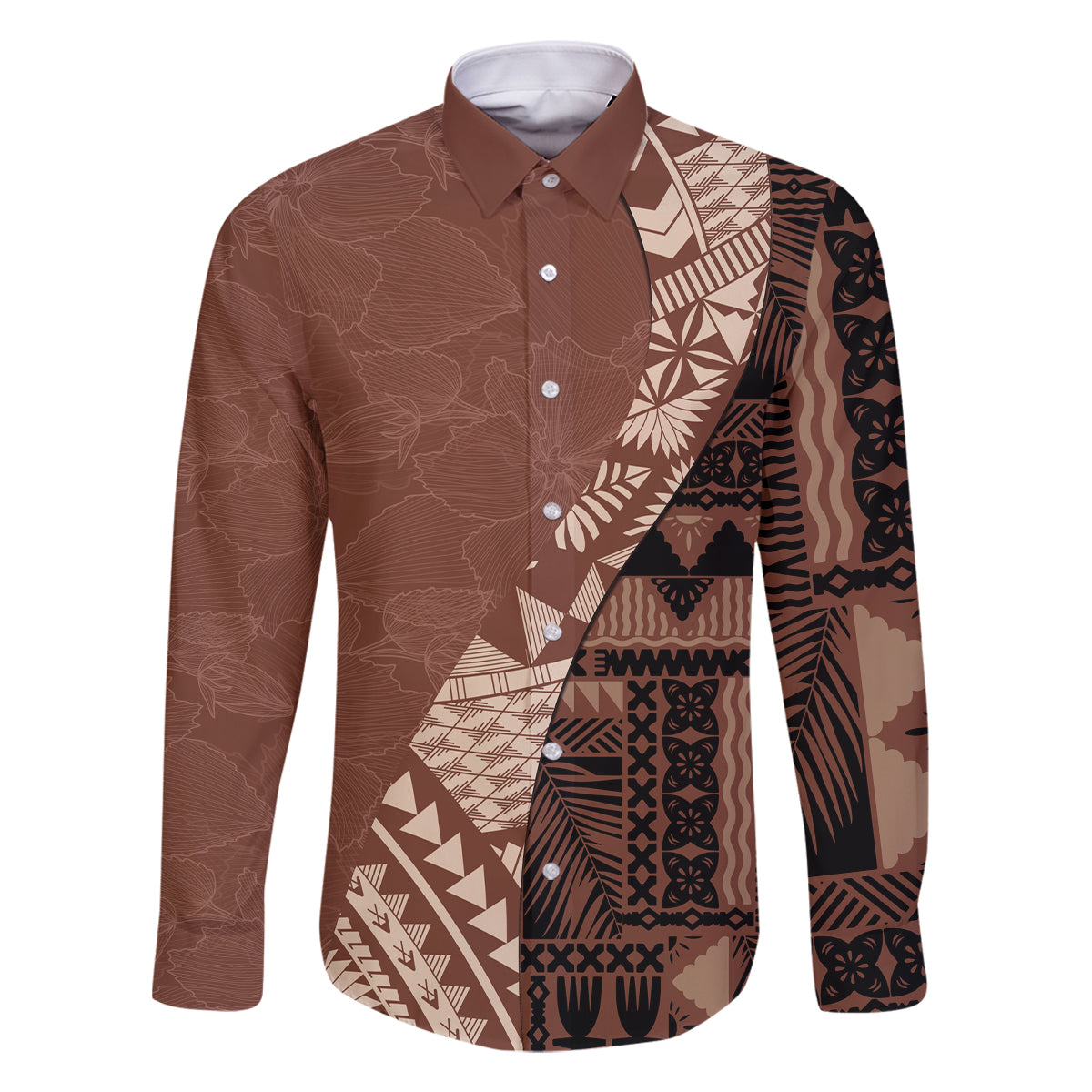Bula Fiji Family Matching Summer Maxi Dress and Hawaiian Shirt Tribal Masi Tapa - Brown LT7 Dad's Shirt - Long Sleeve Brown - Polynesian Pride