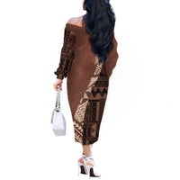 Bula Fiji Off The Shoulder Long Sleeve Dress Tribal Masi Tapa - Brown LT7 - Polynesian Pride