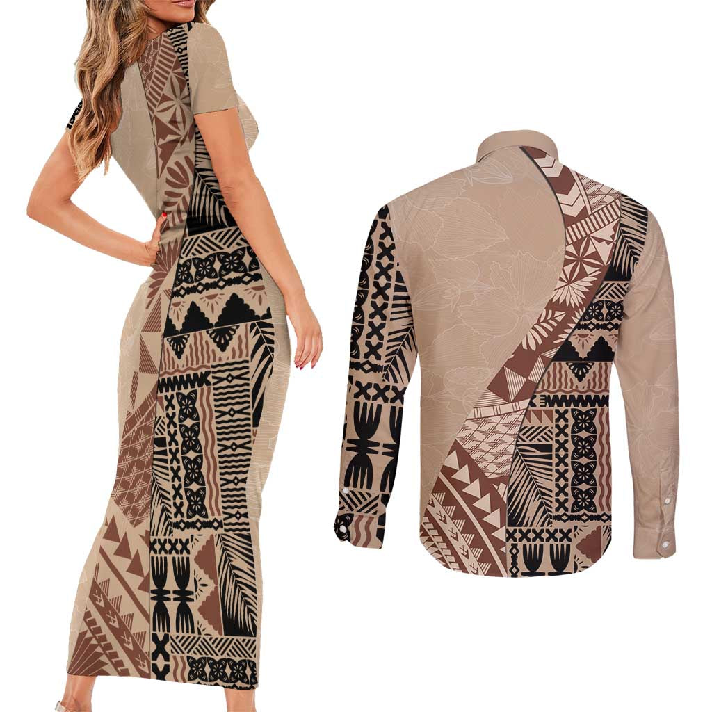 Bula Fiji Couples Matching Short Sleeve Bodycon Dress and Long Sleeve Button Shirt Tribal Masi Tapa - Beige LT7 - Polynesian Pride