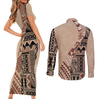 Bula Fiji Couples Matching Short Sleeve Bodycon Dress and Long Sleeve Button Shirt Tribal Masi Tapa - Beige LT7 - Polynesian Pride