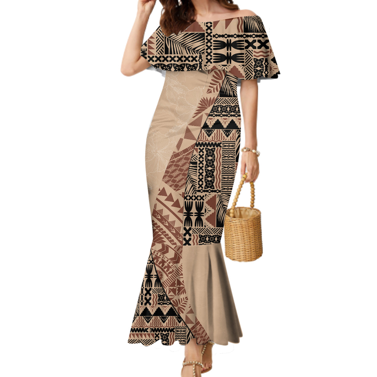 Bula Fiji Family Matching Mermaid Dress and Hawaiian Shirt Tribal Masi Tapa - Beige LT7 Mom's Dress Beige - Polynesian Pride