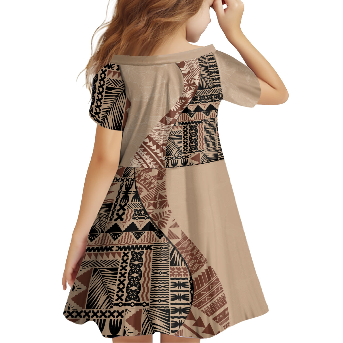 Bula Fiji Kid Short Sleeve Dress Tribal Masi Tapa - Beige LT7 - Polynesian Pride