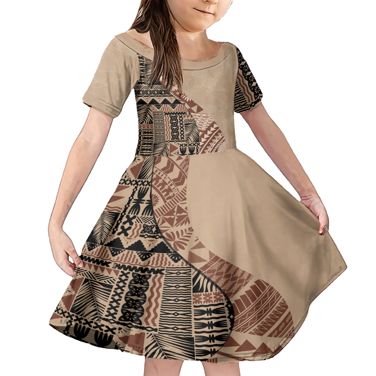 Bula Fiji Family Matching Summer Maxi Dress and Hawaiian Shirt Tribal Masi Tapa - Beige LT7 Daughter's Dress Beige - Polynesian Pride