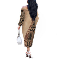 Bula Fiji Off The Shoulder Long Sleeve Dress Tribal Masi Tapa - Beige LT7 - Polynesian Pride