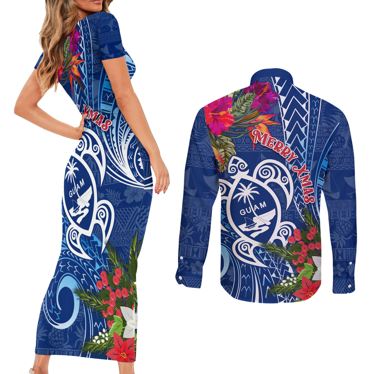 Guam Christmas Couples Matching Short Sleeve Bodycon Dress and Long Sleeve Button Shirt Turtle Mix Tapa Felis Pasgua LT7 - Polynesian Pride