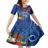 Guam Christmas Family Matching Long Sleeve Bodycon Dress and Hawaiian Shirt Turtle Mix Tapa Felis Pasgua LT7 Daughter's Dress Blue - Polynesian Pride
