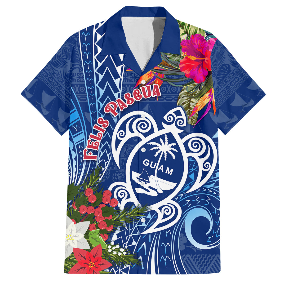Guam Christmas Family Matching Summer Maxi Dress and Hawaiian Shirt Turtle Mix Tapa Felis Pasgua LT7 Dad's Shirt - Short Sleeve Blue - Polynesian Pride