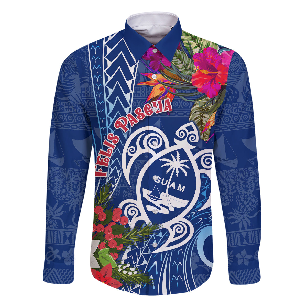 Guam Christmas Family Matching Summer Maxi Dress and Hawaiian Shirt Turtle Mix Tapa Felis Pasgua LT7 Dad's Shirt - Long Sleeve Blue - Polynesian Pride