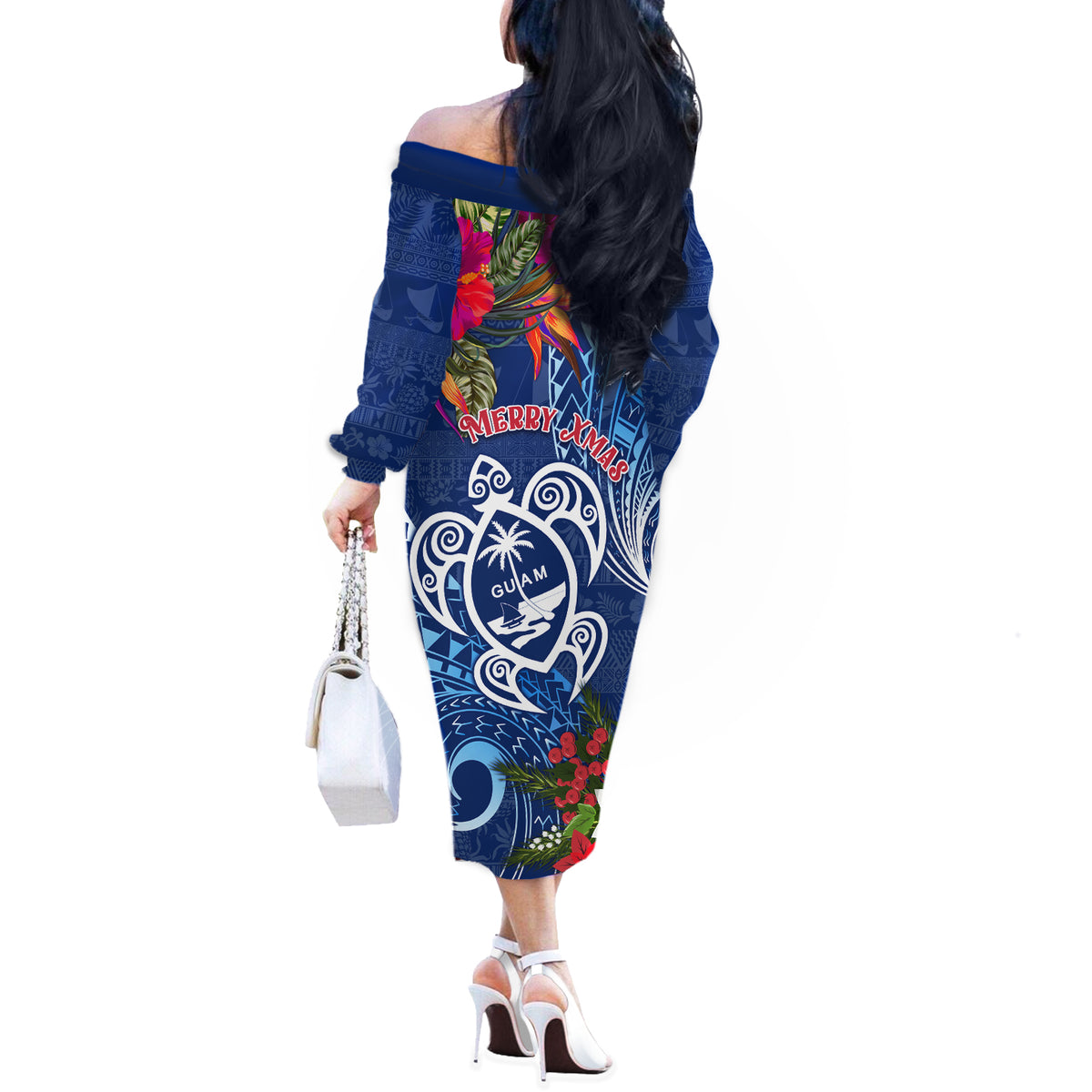 Guam Christmas Off The Shoulder Long Sleeve Dress Turtle Mix Tapa Felis Pasgua LT7 - Polynesian Pride