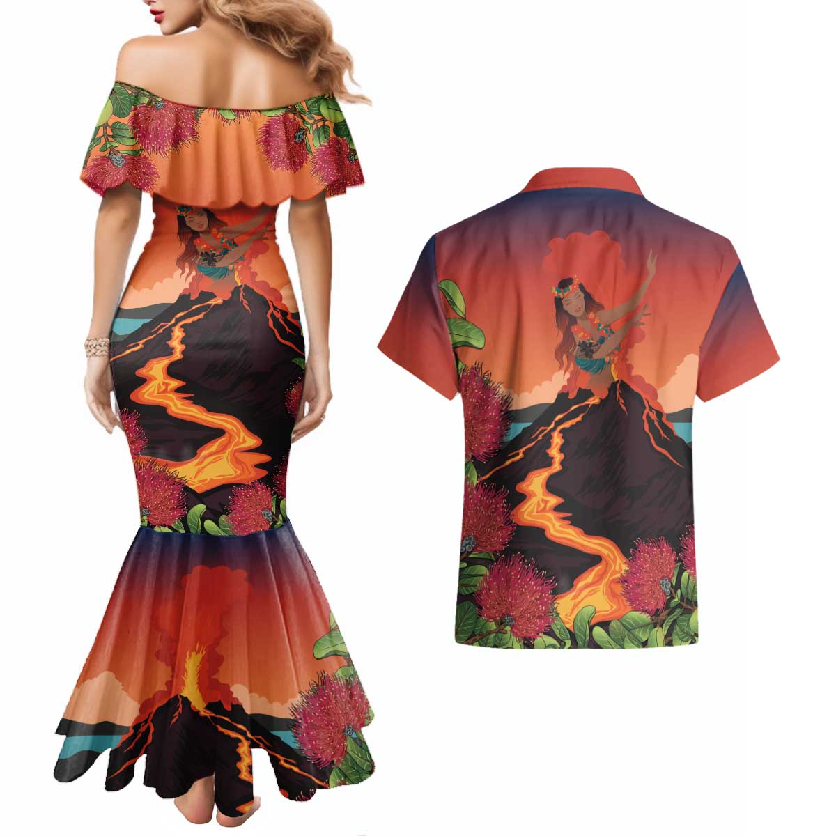 Hawaii Kilauea Volcano Couples Matching Mermaid Dress and Hawaiian Shirt Pele Goddess LT7 - Polynesian Pride