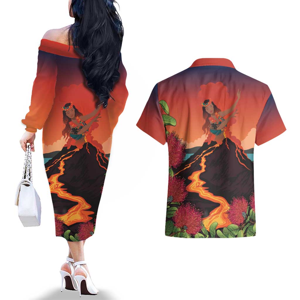 Hawaii Kilauea Volcano Couples Matching Off The Shoulder Long Sleeve Dress and Hawaiian Shirt Pele Goddess LT7 - Polynesian Pride