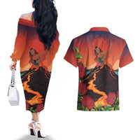 Hawaii Kilauea Volcano Couples Matching Off The Shoulder Long Sleeve Dress and Hawaiian Shirt Pele Goddess LT7 - Polynesian Pride