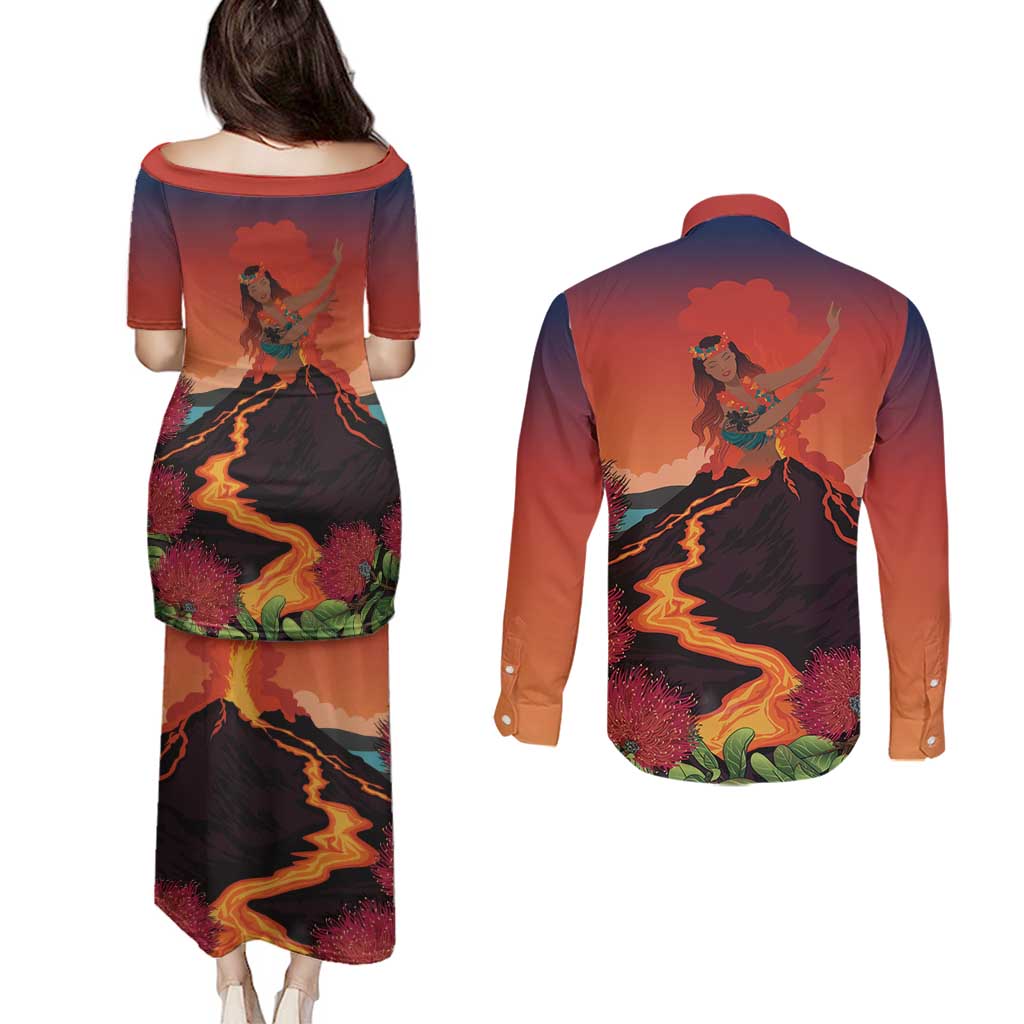 Hawaii Kilauea Volcano Couples Matching Puletasi and Long Sleeve Button Shirt Pele Goddess LT7 - Polynesian Pride