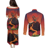 Hawaii Kilauea Volcano Couples Matching Puletasi and Long Sleeve Button Shirt Pele Goddess LT7 - Polynesian Pride