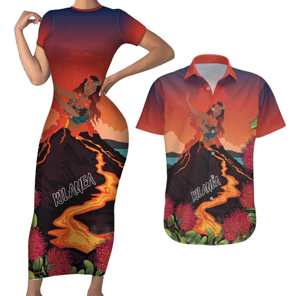 Hawaii Kilauea Volcano Couples Matching Short Sleeve Bodycon Dress and Hawaiian Shirt Pele Goddess LT7 Colorful - Polynesian Pride