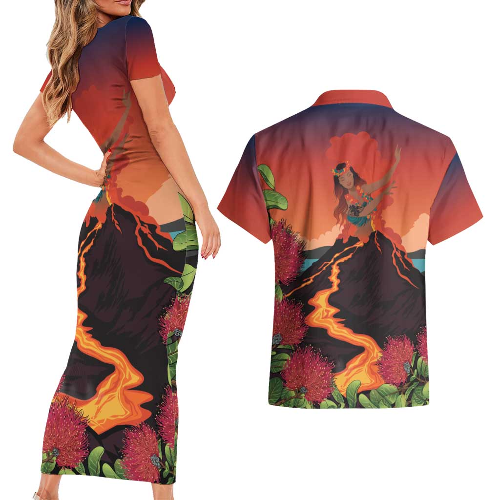 Hawaii Kilauea Volcano Couples Matching Short Sleeve Bodycon Dress and Hawaiian Shirt Pele Goddess LT7 - Polynesian Pride