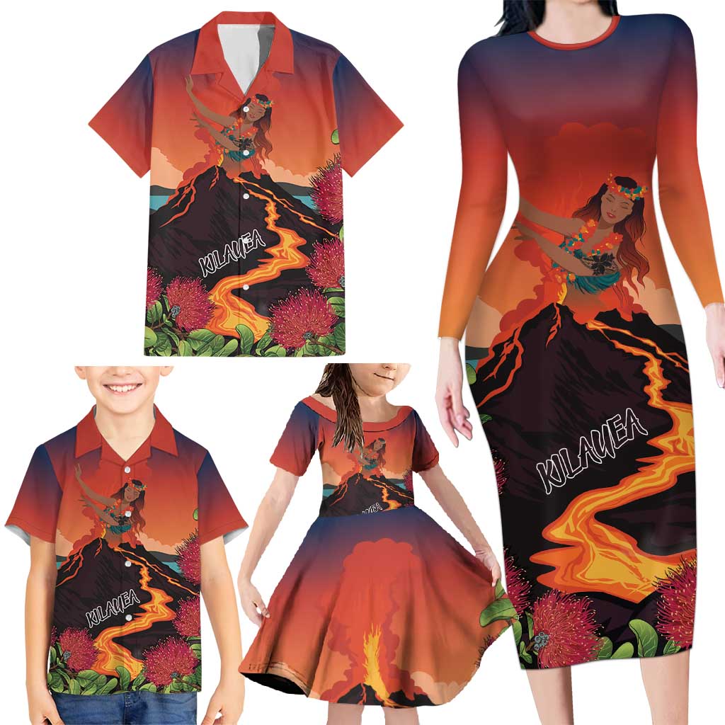Hawaii Kilauea Volcano Family Matching Long Sleeve Bodycon Dress and Hawaiian Shirt Pele Goddess LT7 - Polynesian Pride