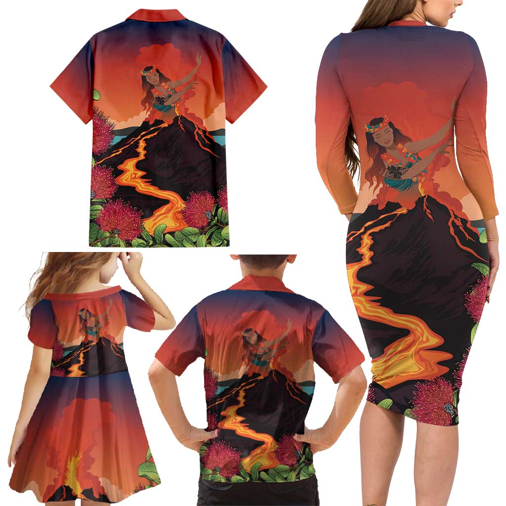 Hawaii Kilauea Volcano Family Matching Long Sleeve Bodycon Dress and Hawaiian Shirt Pele Goddess LT7 - Polynesian Pride