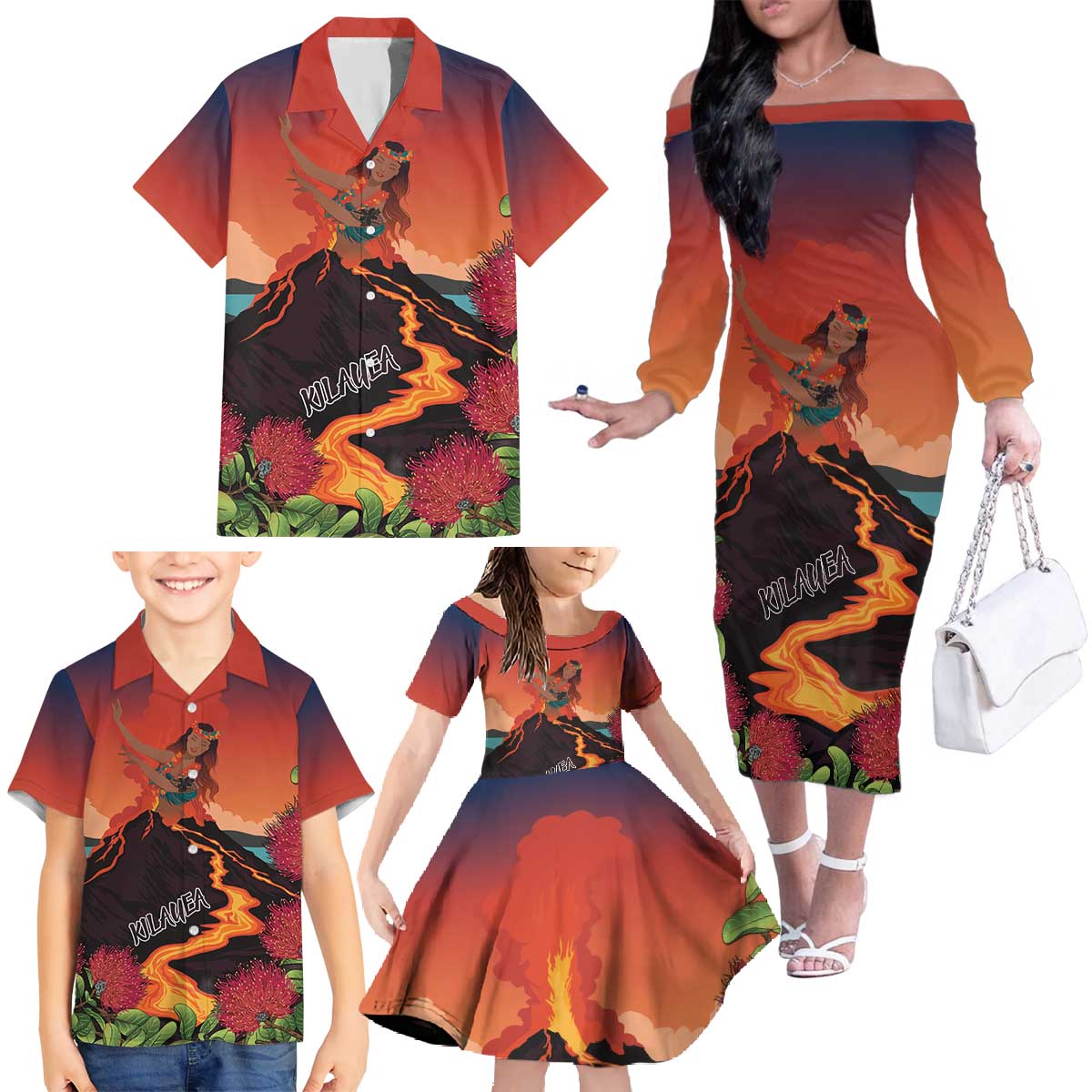 Hawaii Kilauea Volcano Family Matching Off The Shoulder Long Sleeve Dress and Hawaiian Shirt Pele Goddess LT7 - Polynesian Pride