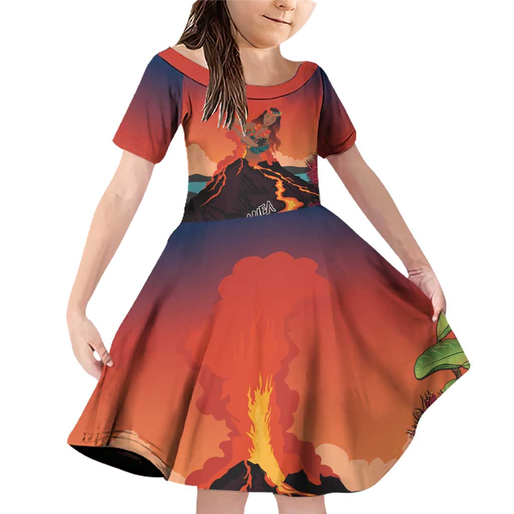 Hawaii Kilauea Volcano Family Matching Off Shoulder Short Dress and Hawaiian Shirt Pele Goddess LT7 Daughter's Dress Colorful - Polynesian Pride