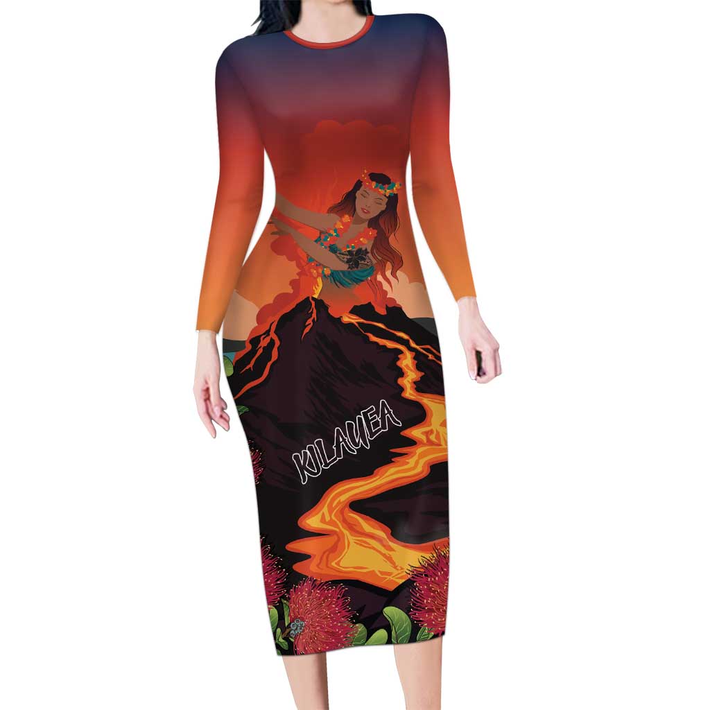 Hawaii Kilauea Volcano Long Sleeve Bodycon Dress Pele Goddess LT7 Long Dress Colorful - Polynesian Pride
