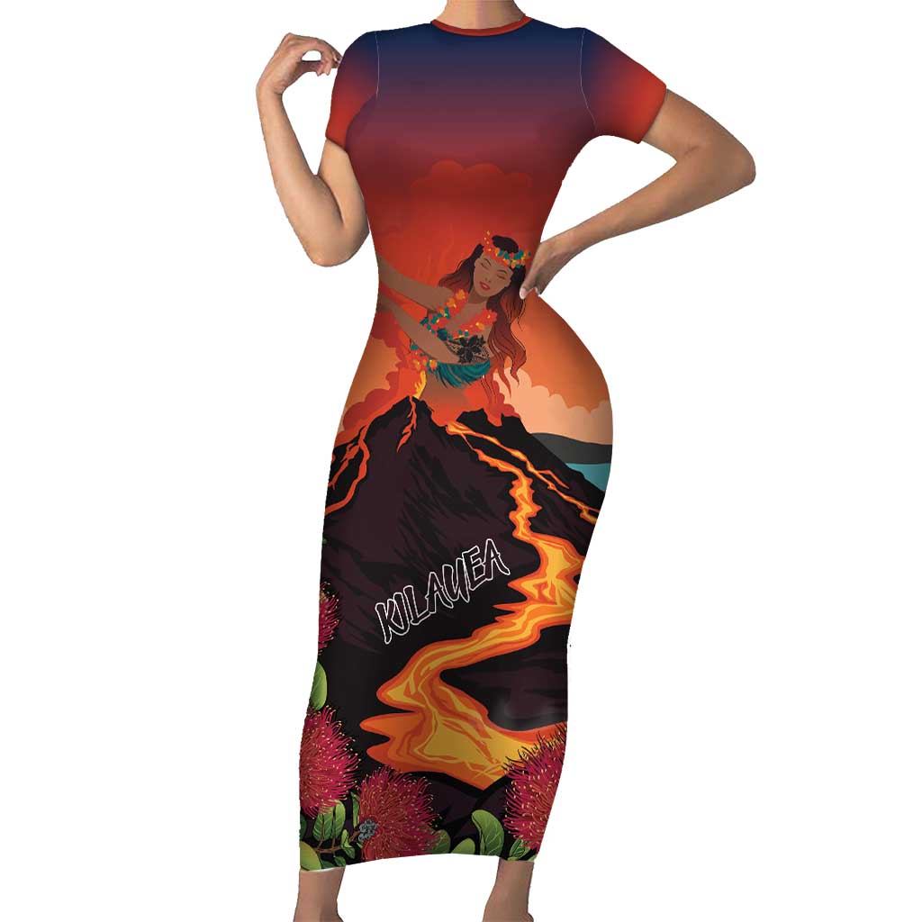 Hawaii Kilauea Volcano Short Sleeve Bodycon Dress Pele Goddess LT7 Long Dress Colorful - Polynesian Pride