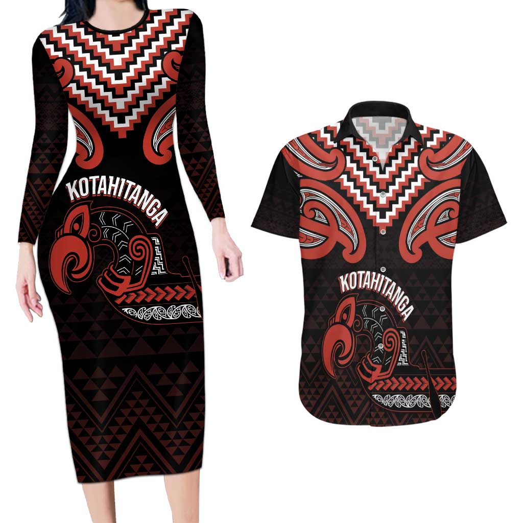 Maori Waitangi Couples Matching Long Sleeve Bodycon Dress and Hawaiian Shirt Kotahitanga Poutama Mix Whakairo LT7 Black - Polynesian Pride