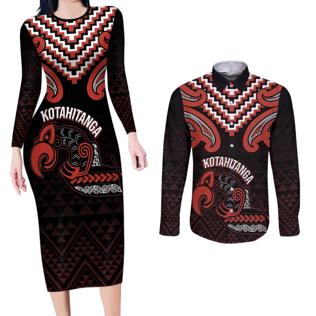 Maori Waitangi Couples Matching Long Sleeve Bodycon Dress and Long Sleeve Button Shirt Kotahitanga Poutama Mix Whakairo LT7 Black - Polynesian Pride