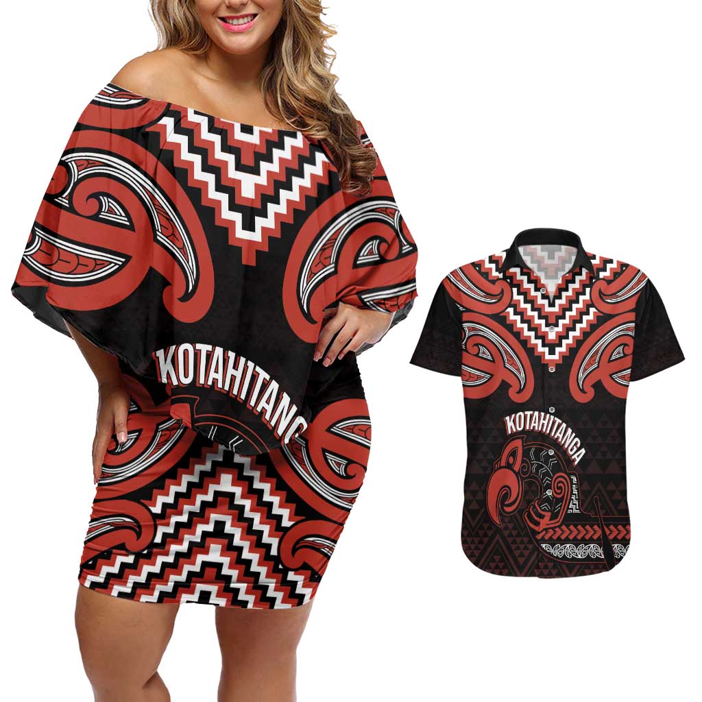 Maori Waitangi Couples Matching Off Shoulder Short Dress and Hawaiian Shirt Kotahitanga Poutama Mix Whakairo LT7 Black - Polynesian Pride