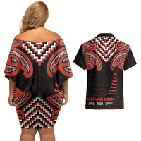 Maori Waitangi Couples Matching Off Shoulder Short Dress and Hawaiian Shirt Kotahitanga Poutama Mix Whakairo LT7 - Polynesian Pride