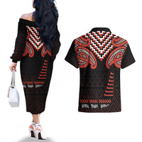 Maori Waitangi Couples Matching Off The Shoulder Long Sleeve Dress and Hawaiian Shirt Kotahitanga Poutama Mix Whakairo LT7 - Polynesian Pride