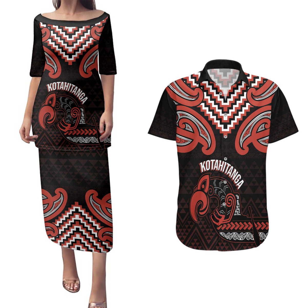 Maori Waitangi Couples Matching Puletasi and Hawaiian Shirt Kotahitanga Poutama Mix Whakairo LT7 Black - Polynesian Pride